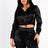 Black Satin Lace Details Long Sleeve Hooded Crop Top & Biker Short Set