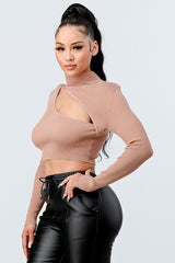 nude LUX SWEATER RIB CUTOUT MOCK NECK CROP TOP