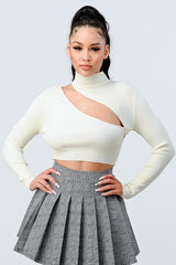 ivory LUX SWEATER RIB CUTOUT MOCK NECK CROP TOP