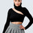 Black LUX SWEATER RIB CUTOUT MOCK NECK CROP TOP