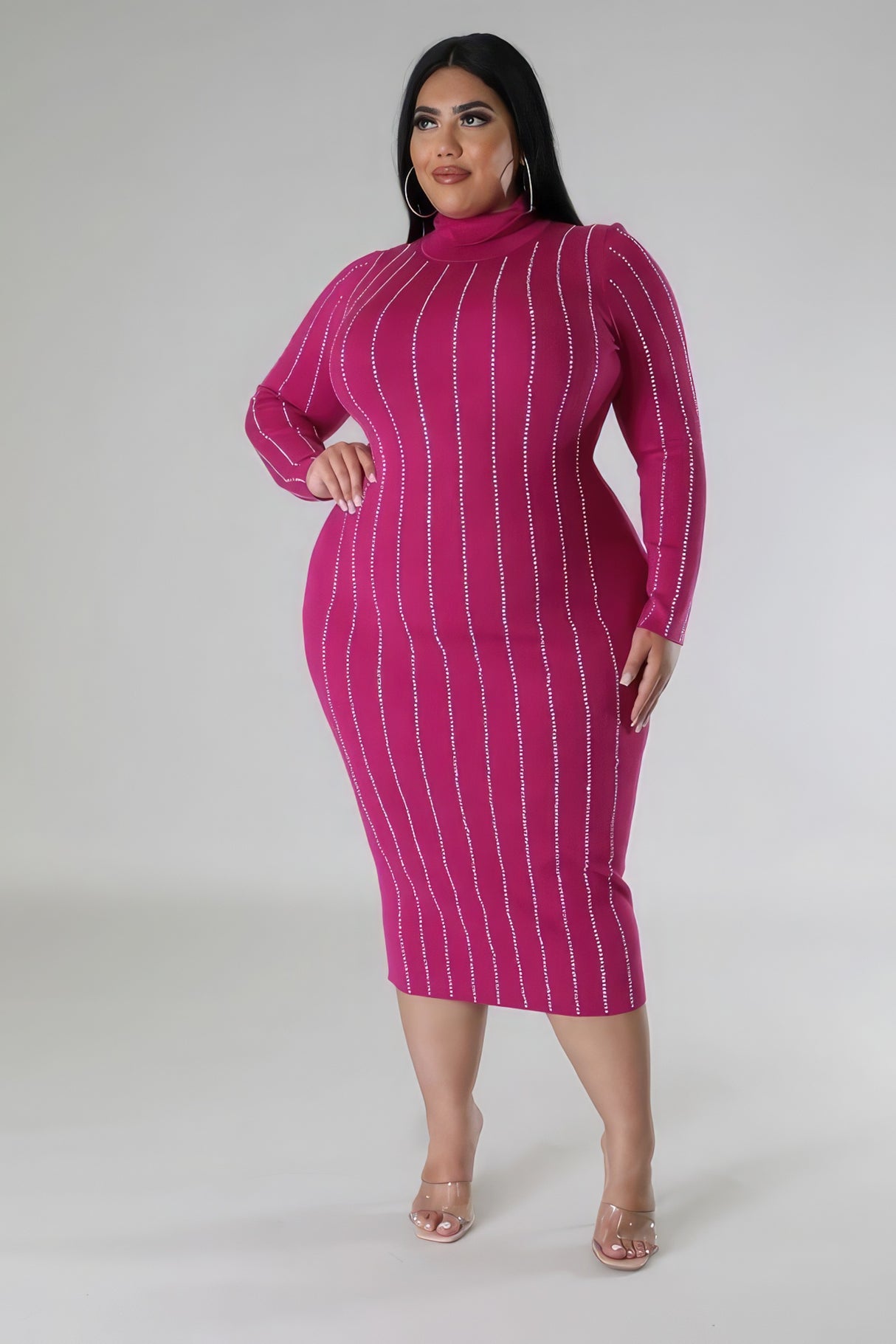 magenta Plus Size Rhinestone Turtleneck Midi Dress