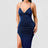 model wearing royal blue metallic glitter side slit midi dress
