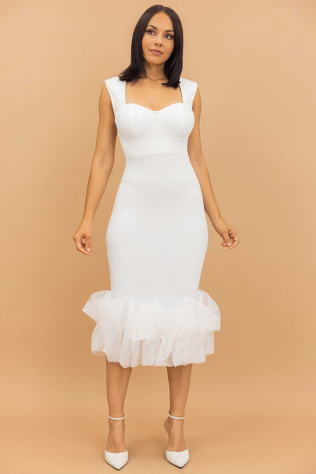 Model wearing white Organza Ruffle midi Dress