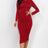model wearing burgundy Long Sleeve Ruched Midi Dress 