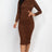 front view model wearing brown Long Sleeve Ruched Midi Dress