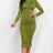 front view of model wearing olive Long Sleeve Ruched Midi Dress