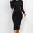 front view of model wearing Black Long Sleeve Ruched Midi Dress