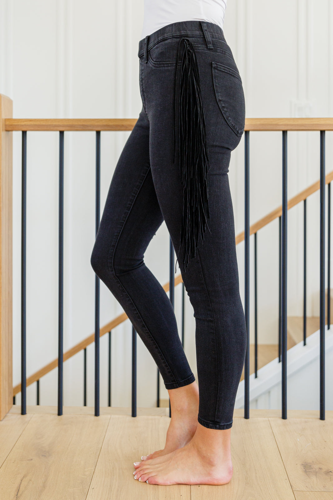 Side Fringe Skinny Jeggings In Black