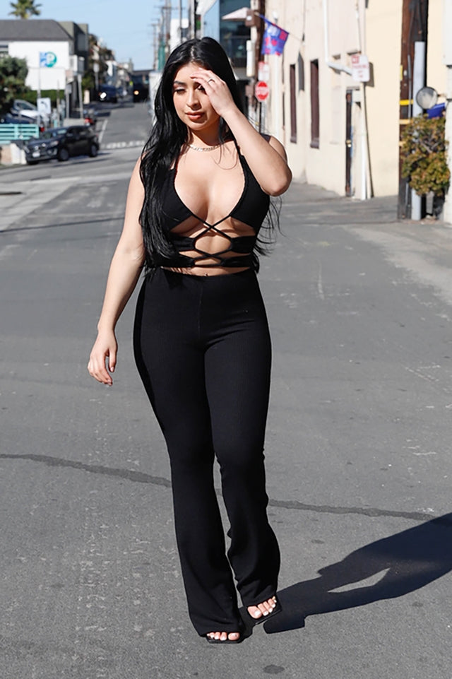 Black Knit Ribbed Front Cut-Out Lace Up Detail Sleeveless Flare Leg Jumpsuit