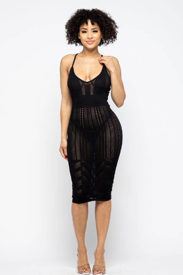 sexy pointelle knit knee length Black cami dress