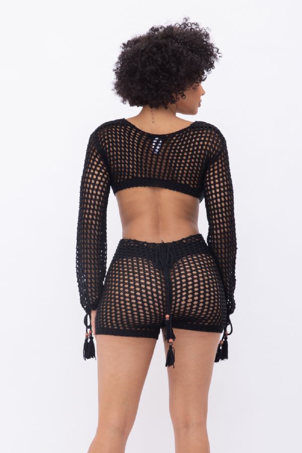 Black acrylic see through crochet sexy short romper