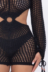 Black acrylic see through crochet sexy short romper