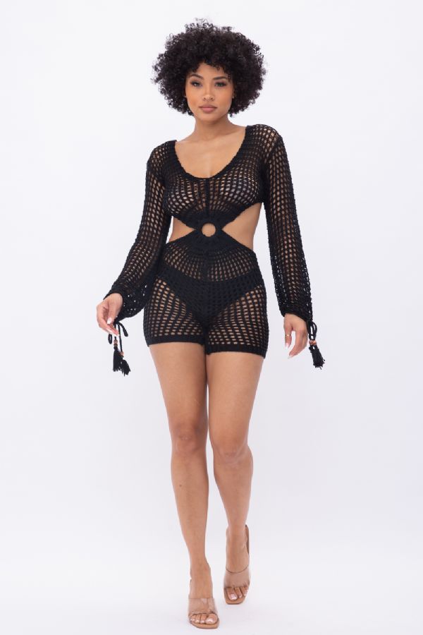 Black acrylic see through crochet sexy short romper