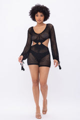 Black acrylic see through crochet sexy short romper
