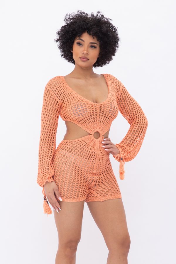 orange acrylic see through crochet sexy romper
