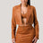 camel color diagonal bralette with cropped blazer and mini skirt set